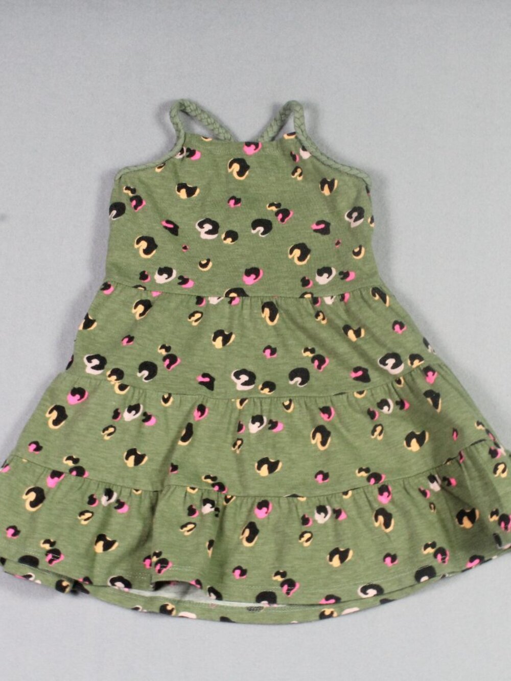 Okie Dokie 18M Olive Sage Green Leopard Braided Strap Tiered Dress GUC